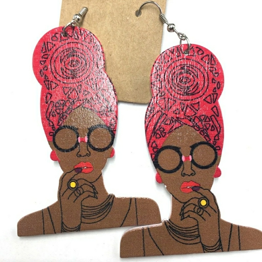 African Head Wrap Wooden Dangle Earrings